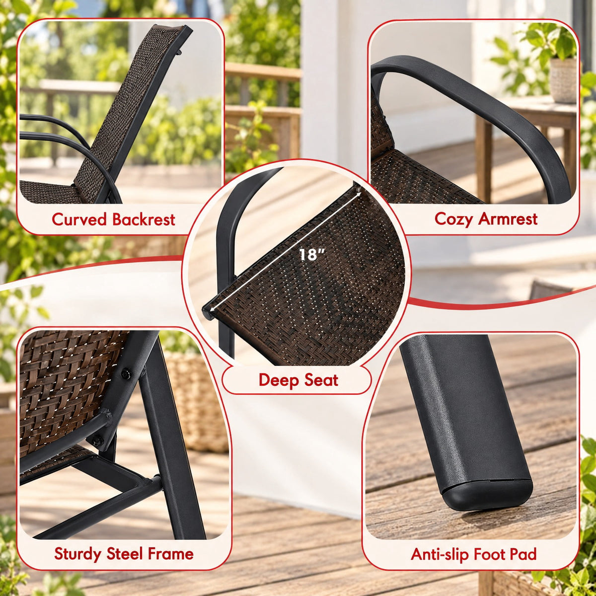 Airfind Set of 6 Outdoor PE Wicker Stackable Chairs with Sturdy Steel Frame, PE rattan steel Frame, Brown