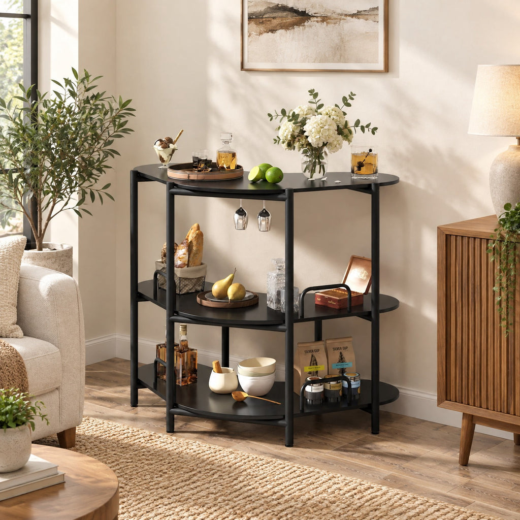 Airfind 3-Tier Liquor Bar Table with Stemware Racks and Storage Shelves, 200 lbs Capacity, Engineered Wood Metal Frame, 48 x 26 x 40 Footprint