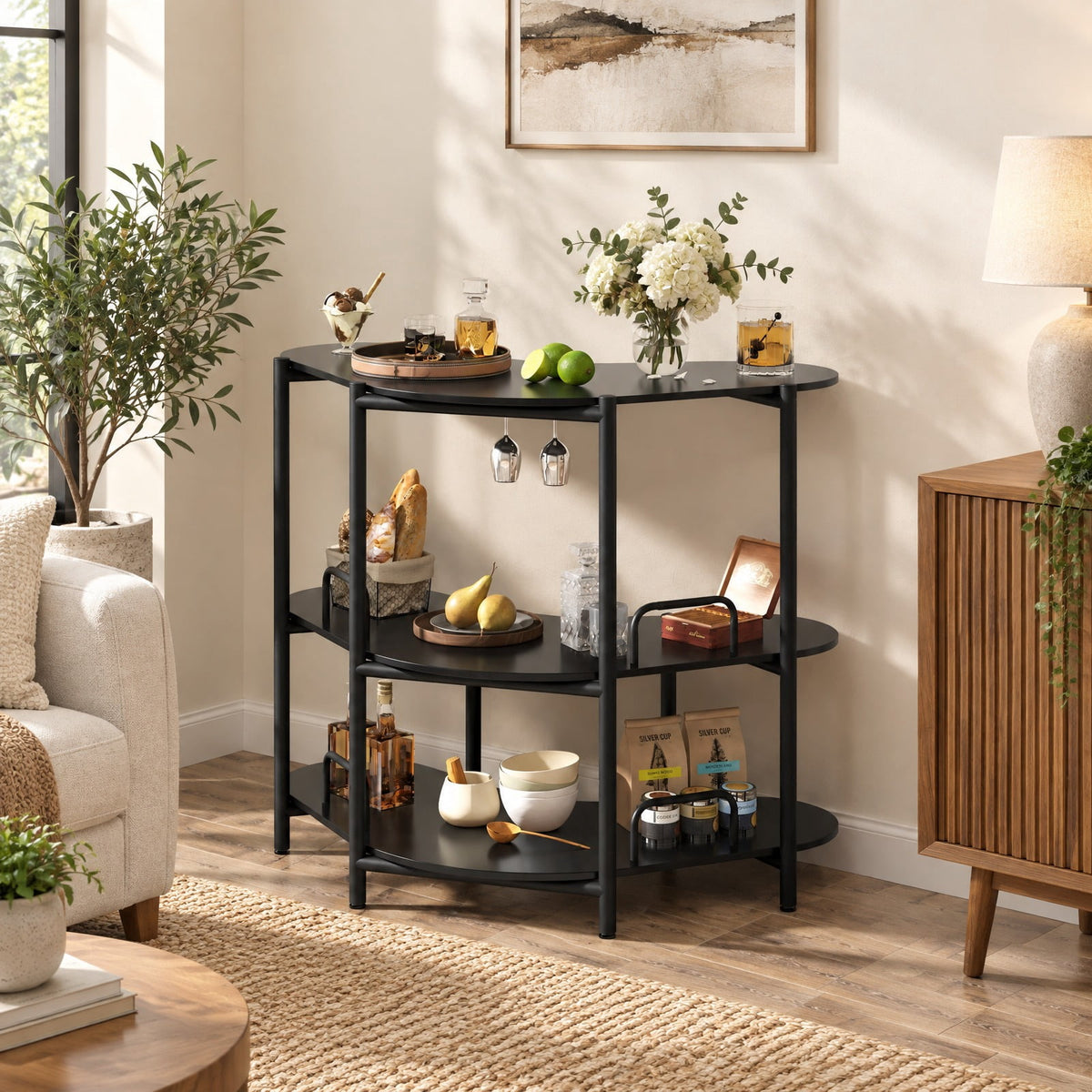 Airfind 3-Tier Liquor Bar Table with Stemware Racks and Storage Shelves, 200 lbs Capacity, Engineered Wood Metal Frame, 48 x 26 x 40 Footprint