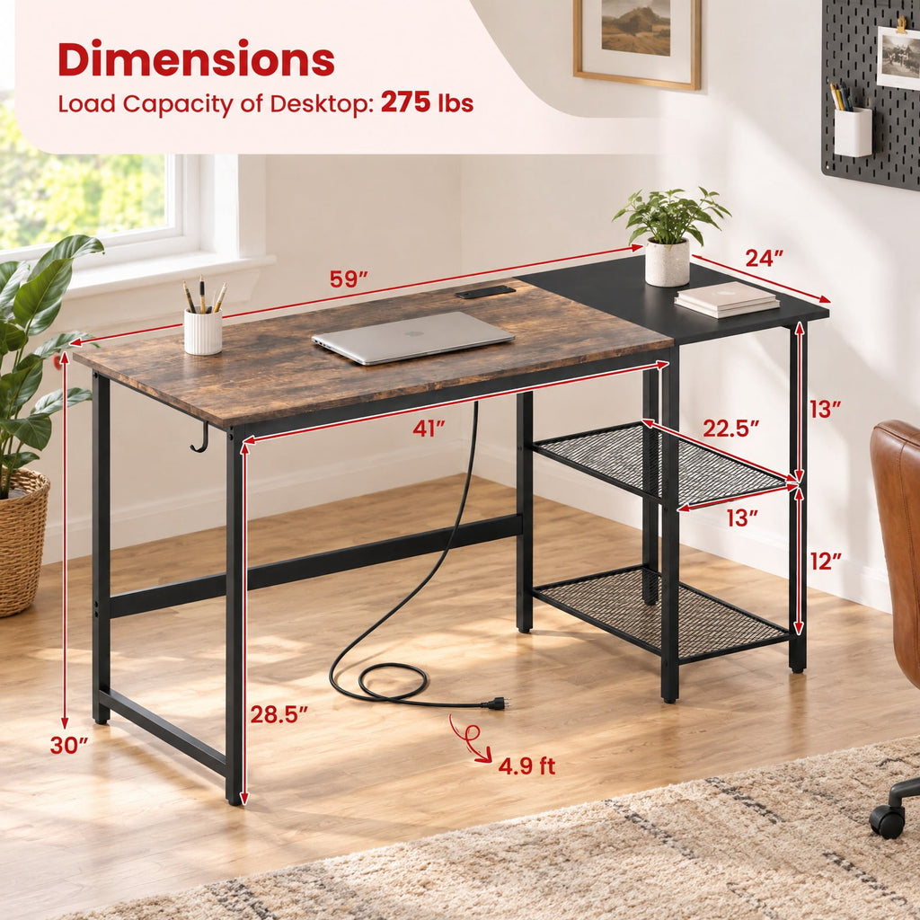 Airfind 59 Inch Home Office Computer Desk with Removable Storage Shelves, 275 lbs Capacity, Metal Engineered Wood Frame, 59 x 24 x 30 Footprint