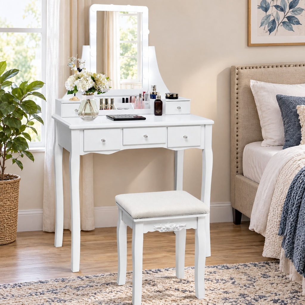 Airfind 10 Dimmable Light Bulbs Vanity Dressing Table with 2 Dividers and Cushioned Stool, 286 lbs Capacity, MDF Frame, White