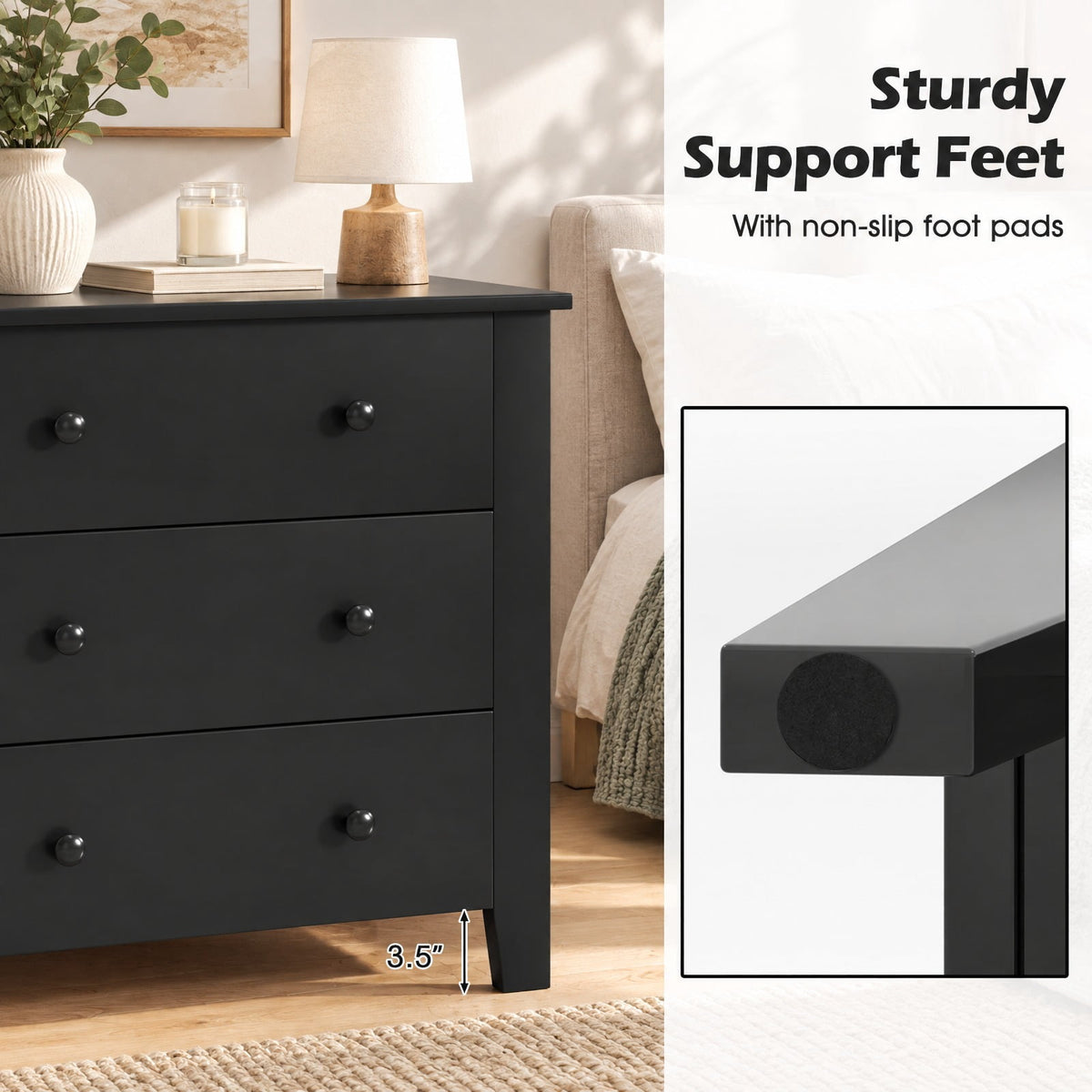 Airfind 3 Drawer Dresser Chest of Drawers Bedside Table-Black Wood Grain, MDF Frame, 28in x 18in x 26in Footprint, Dark Brown