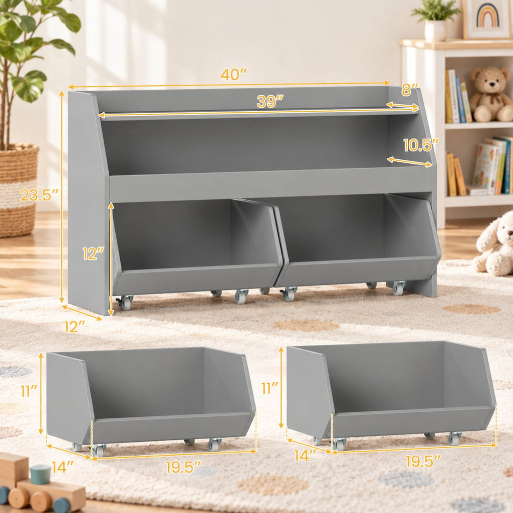 Airfind Youth Toy Storage Organizer Wooden Bookcase with 2 Movable Drawers, 176 Lbs Capacity, Engineered Wood, for 3 and Years Old Total, Gray