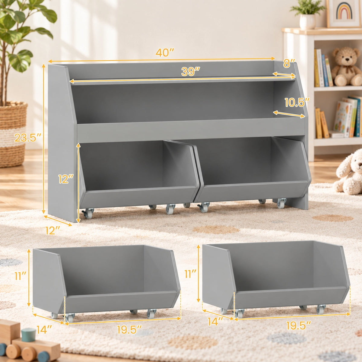 Airfind Youth Toy Storage Organizer Wooden Bookcase with 2 Movable Drawers, 176 Lbs Capacity, Engineered Wood, for 3 and Years Old Total, Gray