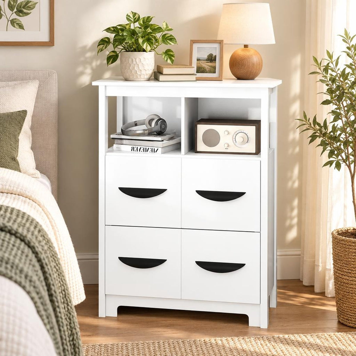 Airfind 24 Inch Floor Cabinet with 2 Open Compartments and 2 Drawers, MDF Engineered Wood Frame, 24in x 12in x 31.5in Footprint, White