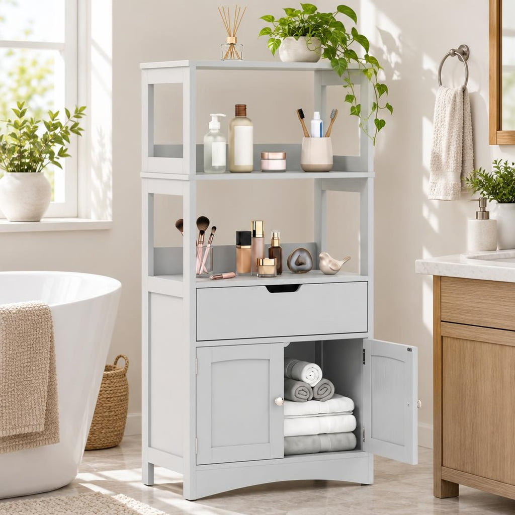 Airfind Bathroom Storage Cabinet with Open Shelves and Drawer, 110 lbs Capacity, Engineered Wood Frame, 24in x 13in x 48in Footprint, Grey