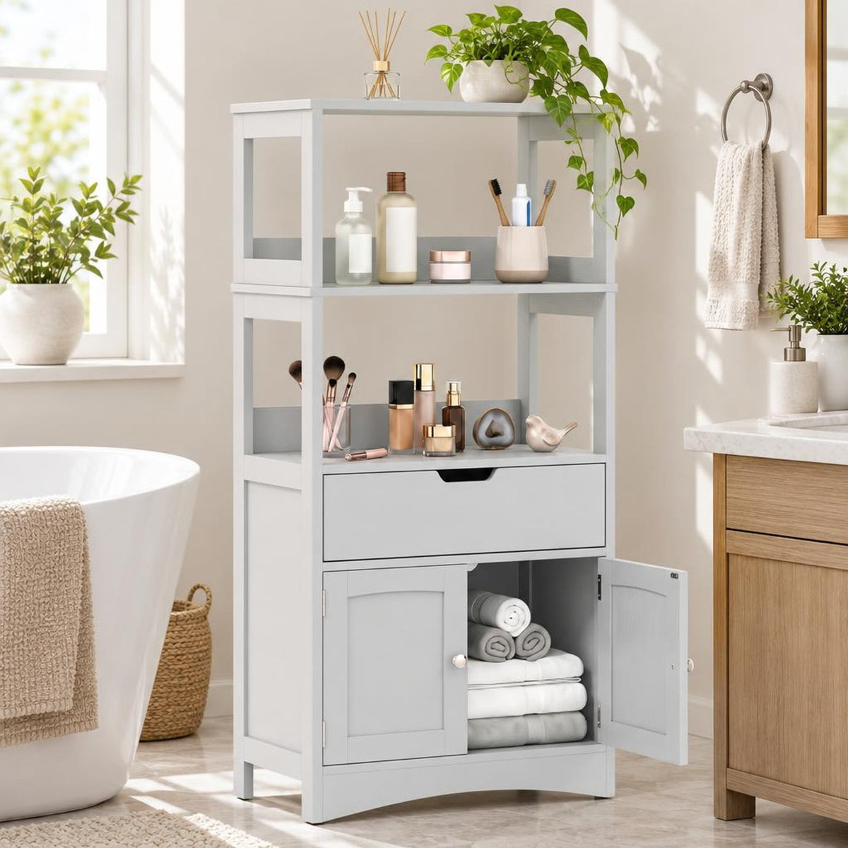 Airfind Bathroom Storage Cabinet with Open Shelves and Drawer, 110 lbs Capacity, Engineered Wood Frame, 24in x 13in x 48in Footprint, Grey