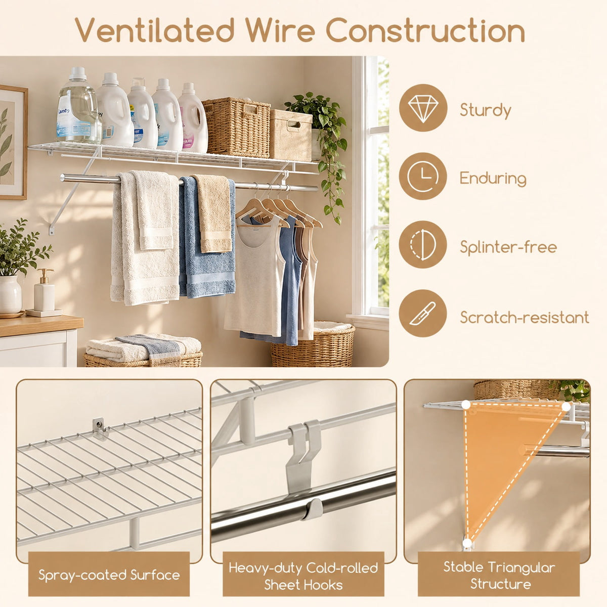 Airfind Closet Shelves Wall Mounted with Ventilated Metal Wire Shelving Kit, 44 lbs Capacity, Metal Stainless Steel Frame, 48 x 12 x 12 Footprint