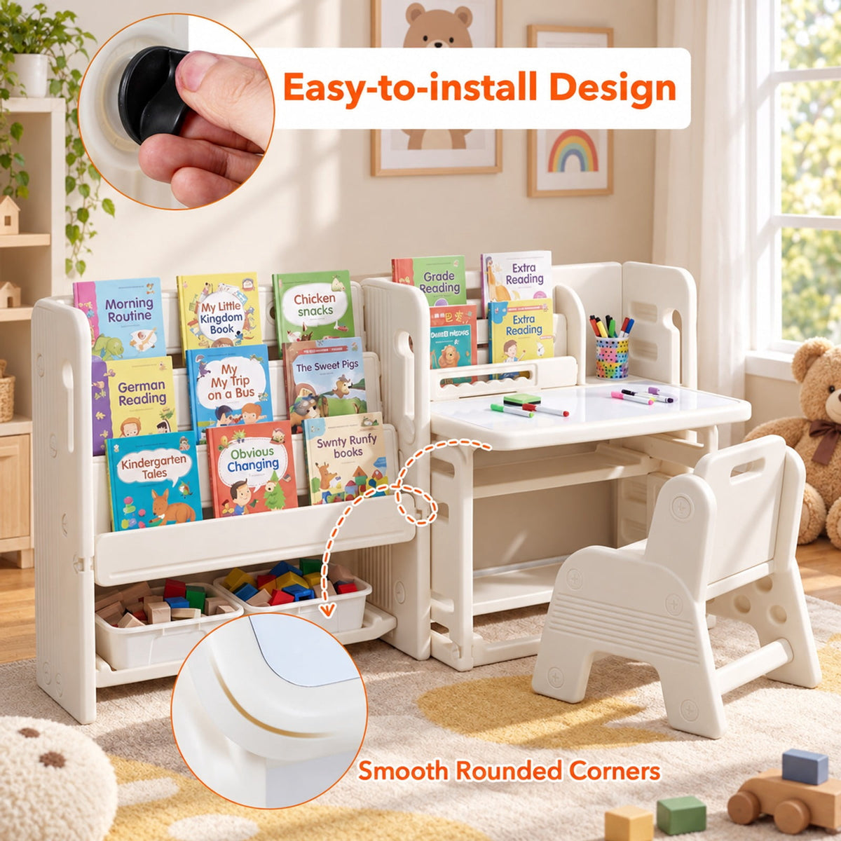 Airfind Kids Writing Desk and Chair Set with Side Bookshelves, 44 lbs Capacity, HDPE Frame, 53 Inch x 20 Inch x 27 Inch Footprint, White