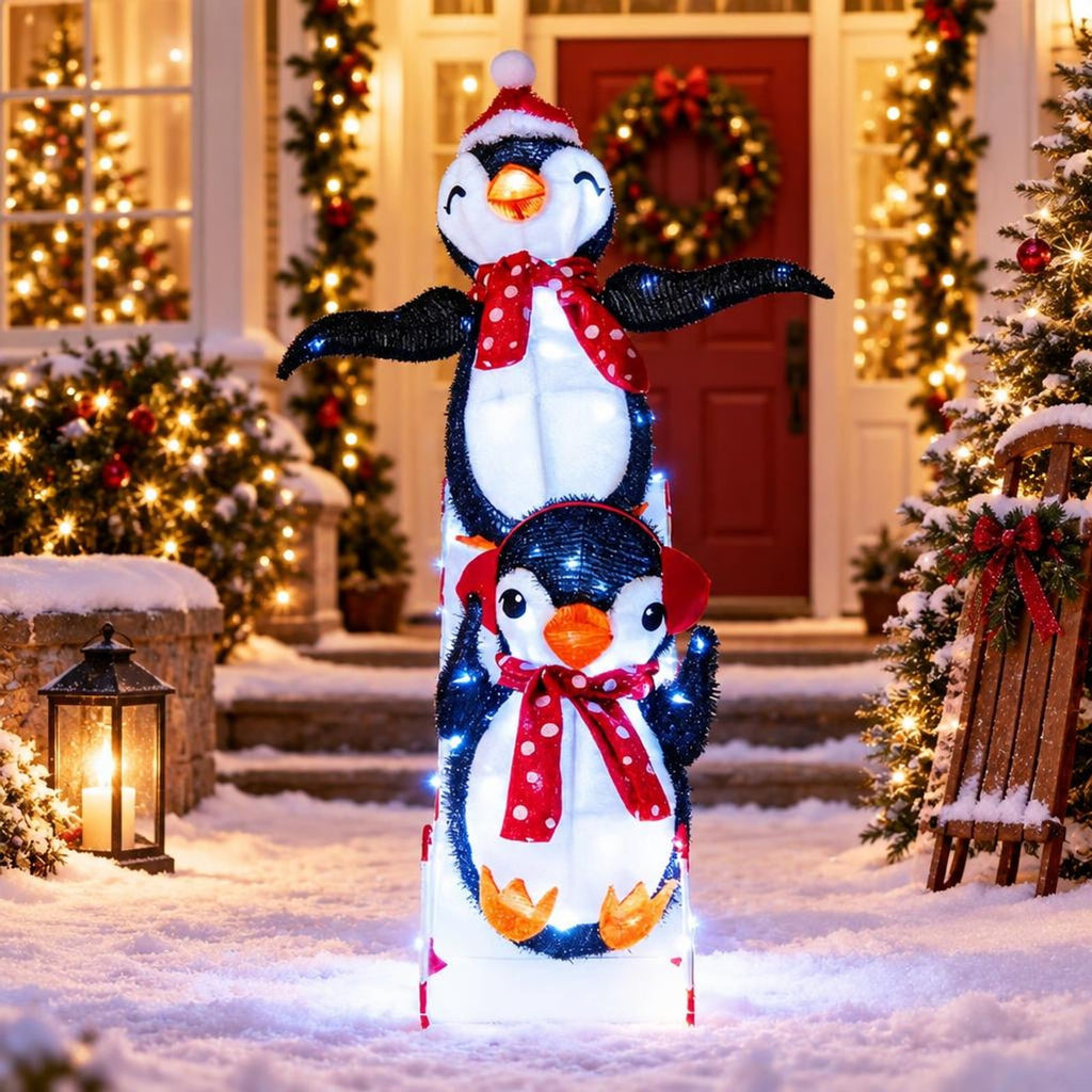 Airfind Lighted Christmas Decoration Penguins 3D Pre-Lit Penguins Slide with 170 LED Lights, Metal Frame, Multi-color