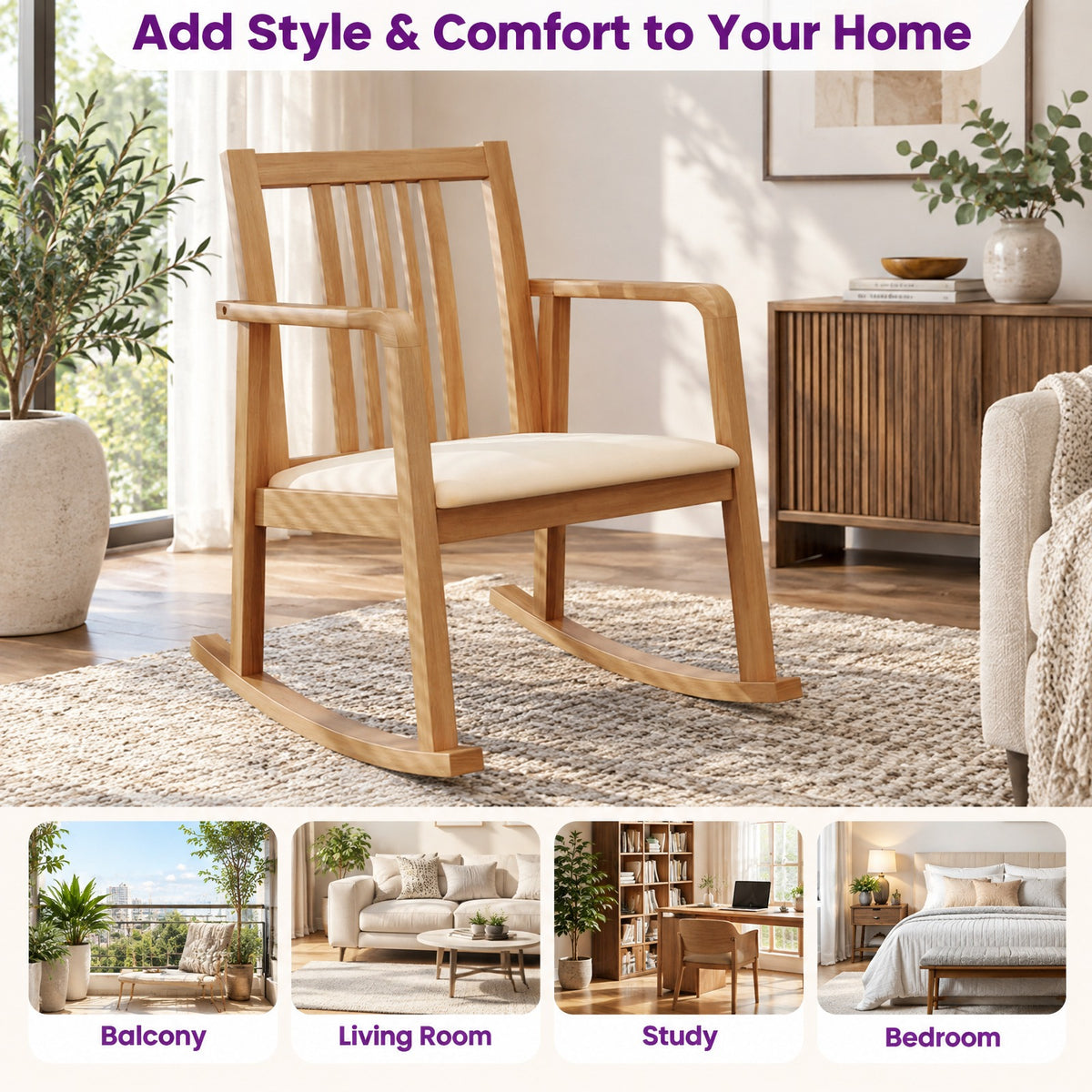 Airfind Rocking Chair with Slatted Back and Curved Armrests, 400 lbs Capacity, Rubber Wood Linen Fabric Sponge MDF Frame, 28 x 24 x 31 Footprint