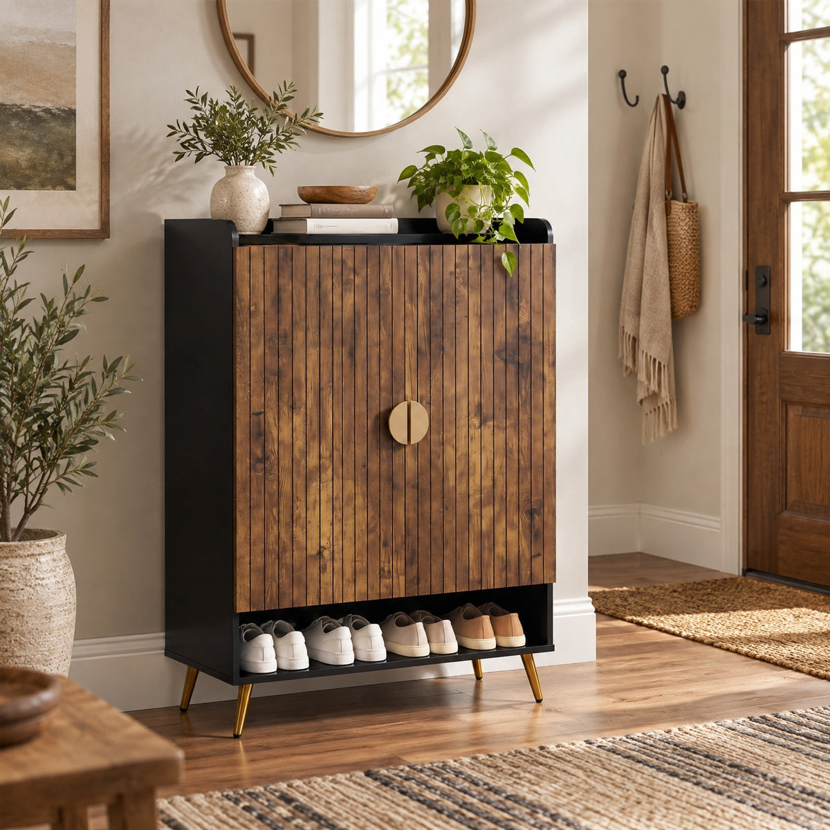 Airfind 44in Tall Shoe Storage Cabinet with 7-Tier Doors and Adjustable Shelves for Entryway, 110 lbs Capacity, Engineered Wood Metal Frame, Brown