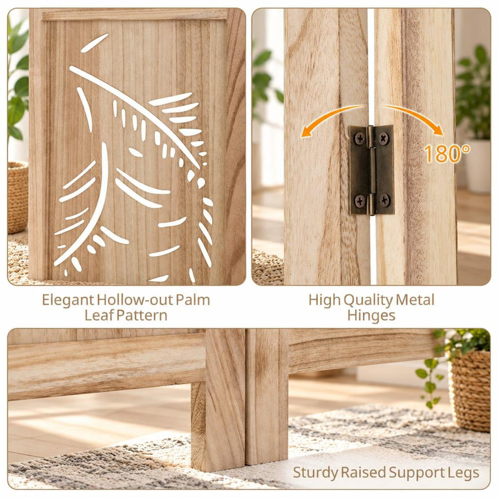Airfind 6-Panel Wooden Room Divider with Palm Leaf Design and Paulownia Frame for Home, 67in x 16in x 5in Footprint, Natural