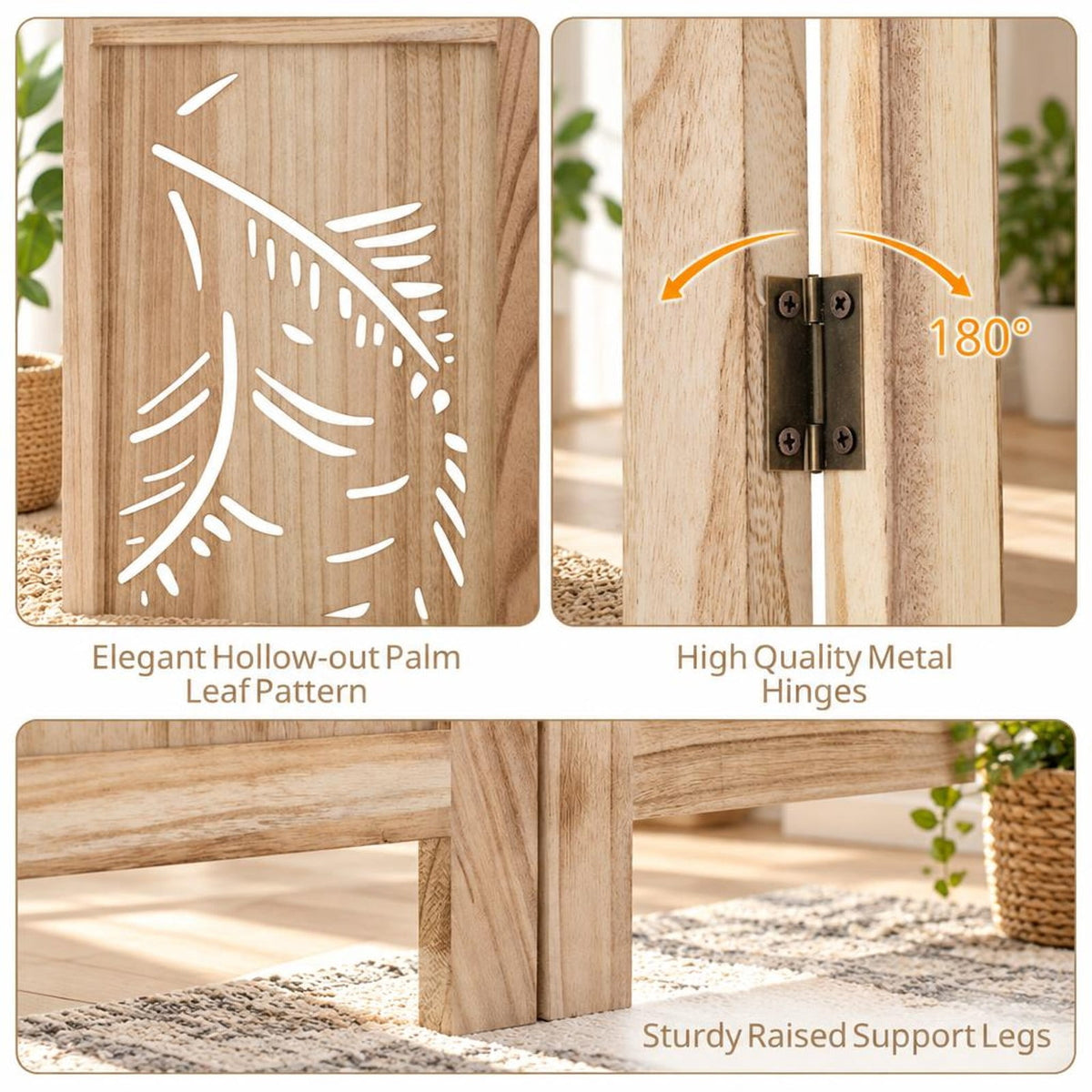 Airfind 6-Panel Wooden Room Divider with Palm Leaf Design and Paulownia Frame for Home, 67in x 16in x 5in Footprint, Natural