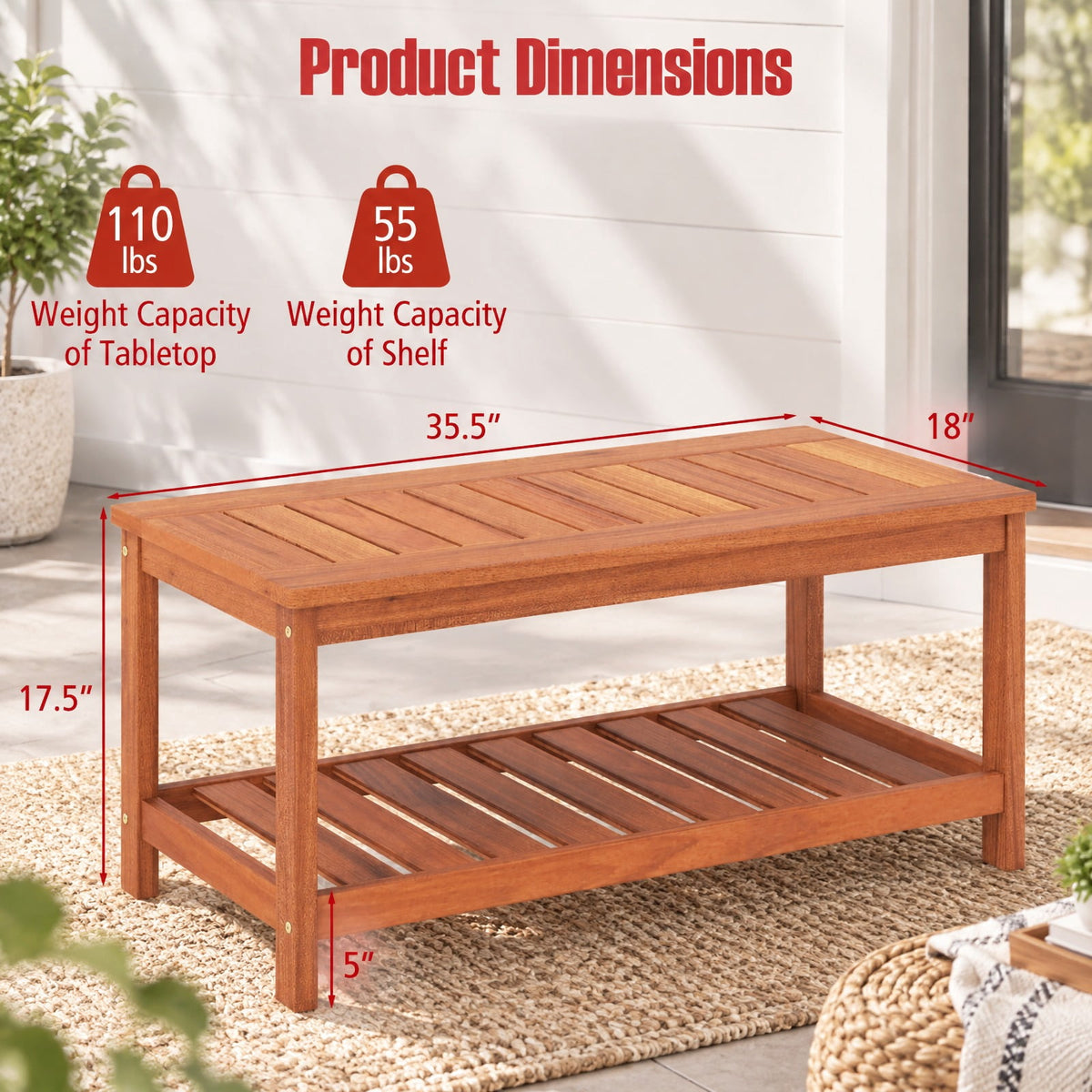 Airfind 2-Tier Patio Coffee Table with Slatted Tabletop and Shelf, 110 lbs Capacity, Hardwood Frame, 35.5 Inch x 18 Inch x 17.5 Inch Footprint, Natural