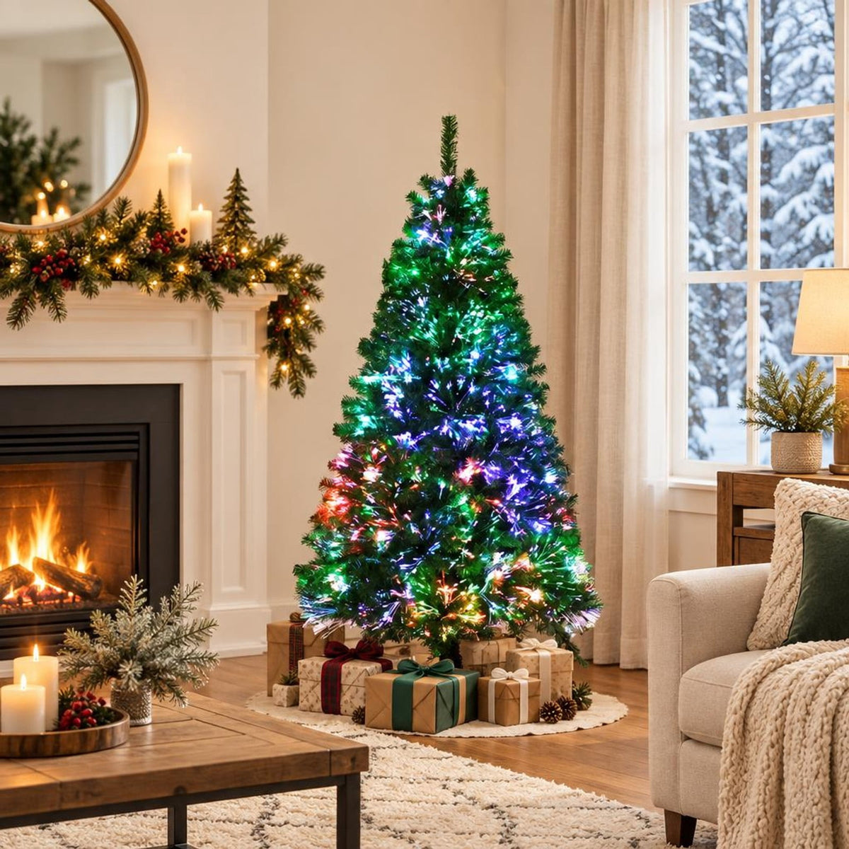 Airfind Pre-lit Multi-Colored Fiber Optic Spruce Artificial Christmas Tree-5 ft, PVC Metal Fiber Optic Height: 5/7 Ft Width: 2.5/3 Ft Frame