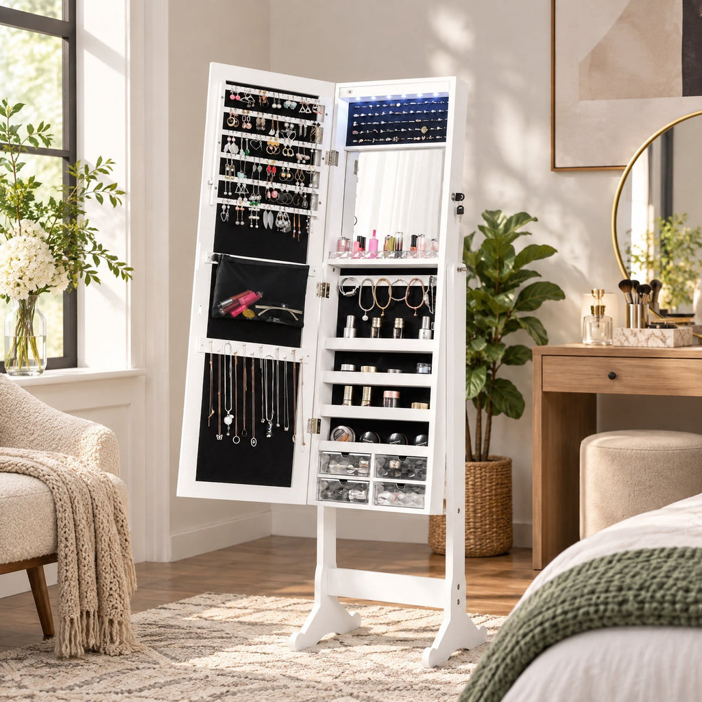Airfind Free Standing Full Length Jewelry Armoire with LED Lights, P2 MDF Glass Plastic Acrylic Frame, 101in x 72in x 72in Footprint, White