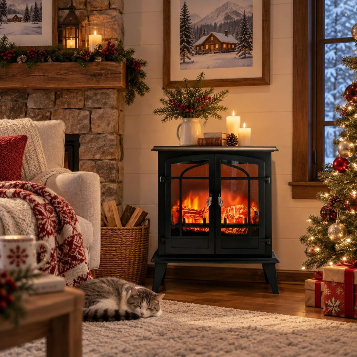 Airfind 25 Inch Freestanding Electric Fireplace Heater with Realistic Flame effect, Iron Frame, 25in x 15in x 28.5in (L x W x H） Footprint, Black