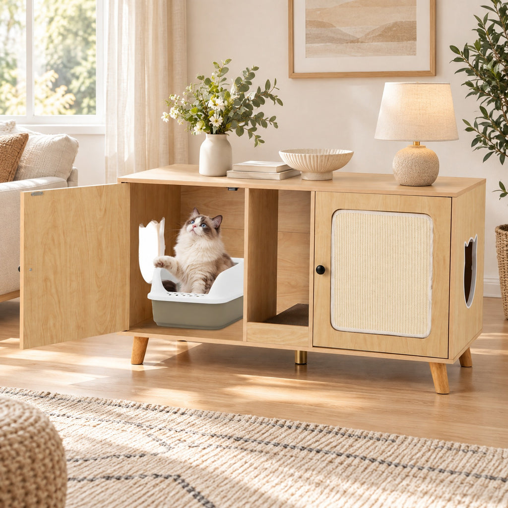 Airfind 43 Inches Cat Litter Box Enclosure with Double Rooms and 2 Sisal Scratching Mats, Engineered Board Frame, 43 x 20 x 24 Footprint, Natural