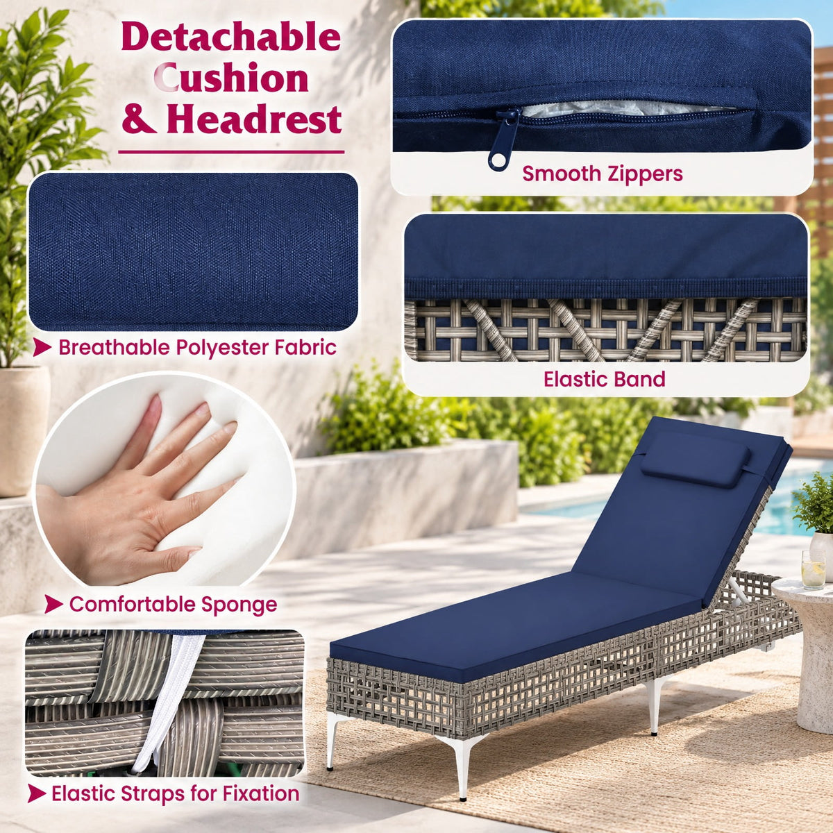 Airfind Patio Chaise Lounge Chair with 6-Level Adjustable Backrest and Headrest for Poolside, 400 lbs Capacity, 76.5 x 21.5 x 12.5 Footprint