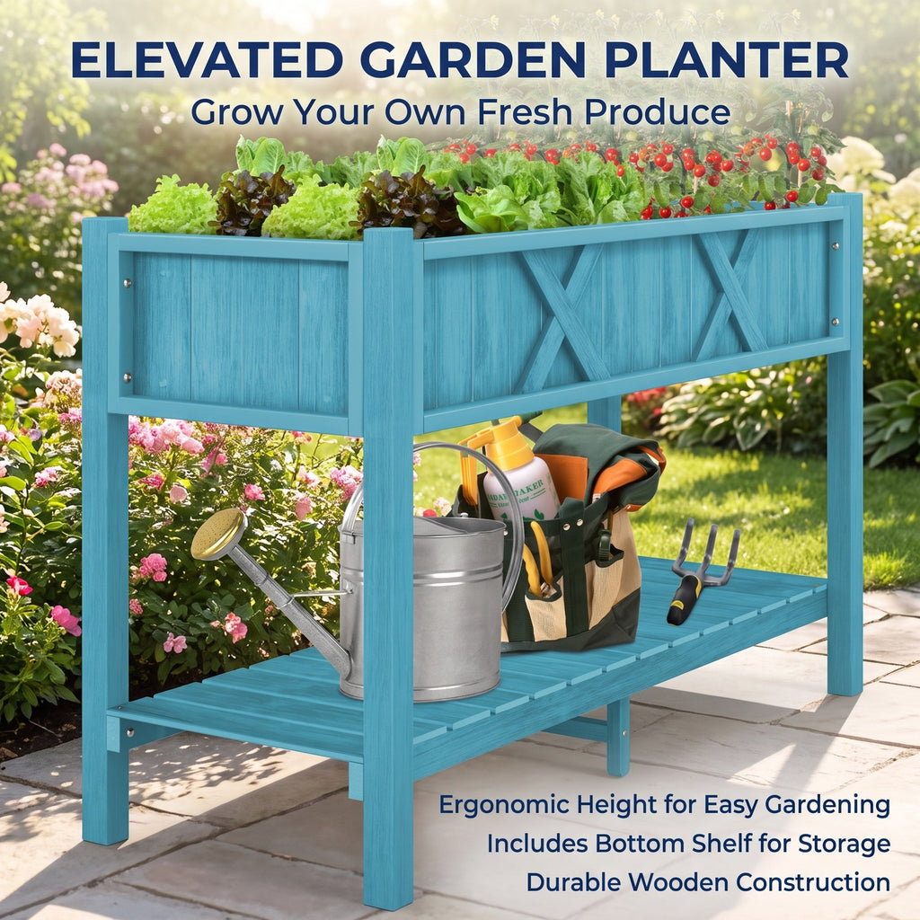 Airfind Poly Wood Elevated Planter Box with Legs Storage Shelf Drainage Holes, HIPS Frame, 47 x 18 x 29 (L x W x H) Interior Footprint, Blue