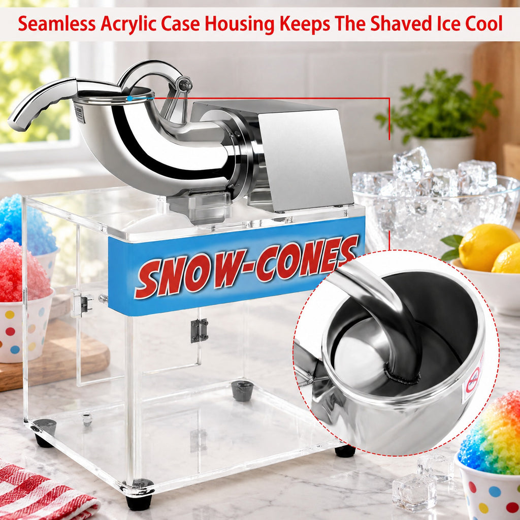 Airfind Electric Snow Cone Machine Ice Shaver Maker, 201 stainless Steel Frame, 16.5 x 12.5 x 24 (L x W x H) Acrylic box Footprint