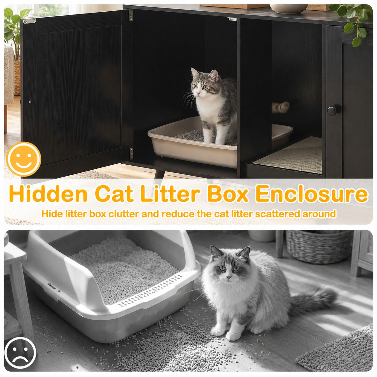 Airfind Double Cat Litter Box Enclosure for 2 Cats with Scratching Pad and Double Rooms, Engineered Wood Frame, Black