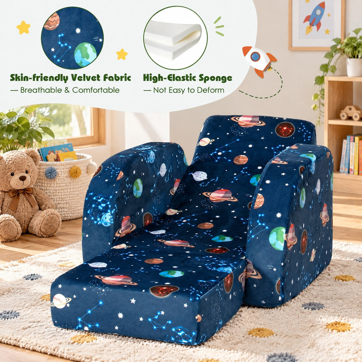 Airfind 3-in-1 Convertible Kid Sofa Bed Flip-Out Chair Lounger for Toddler, 66 lbs Capacity, Velvet fabric sponge Fully expanded Frame, Blue