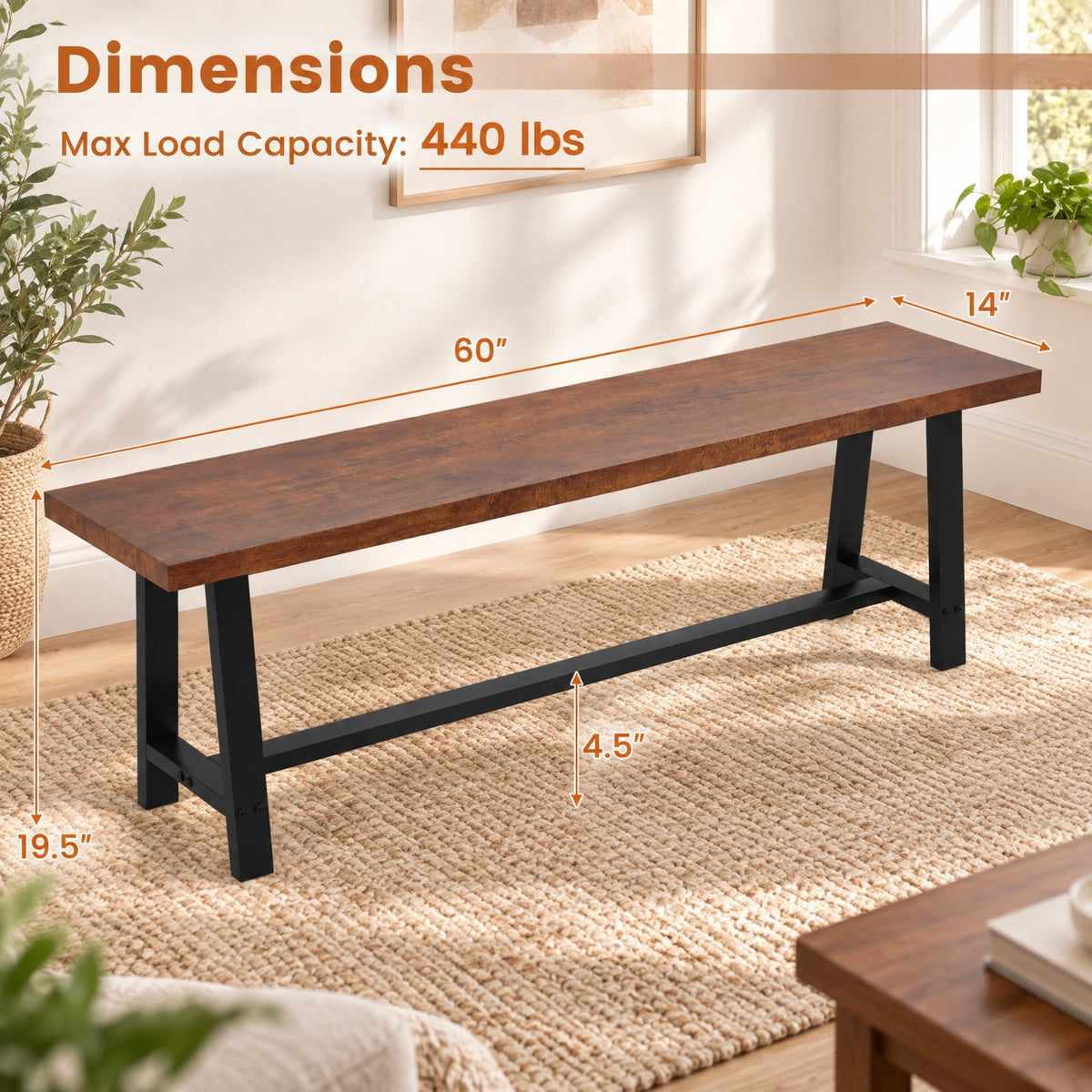 Airfind 60 Inch Dining Bench 3 Person Entryway Shoe Bench with Metal Frame-60 inches, 440 lbs Capacity, MDF Metal Frame, Walnut