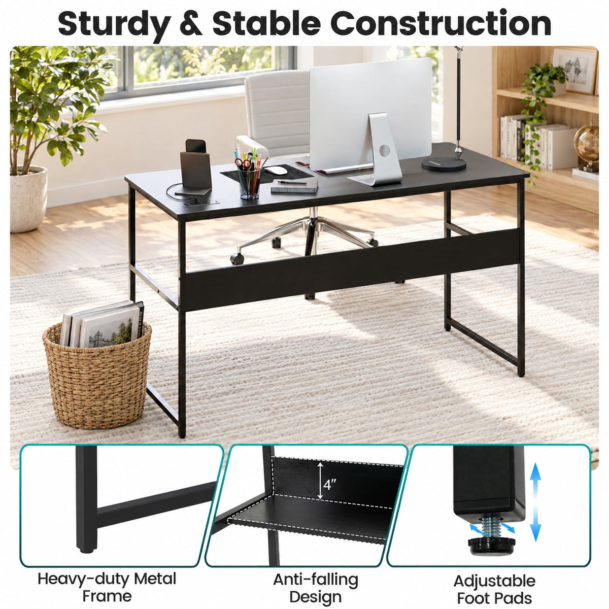 Airfind 55 x 24 inch Computer Desk with Power Outlets and USB Ports, 220 lbs Capacity, Engineered Wood Metal Frame, Black