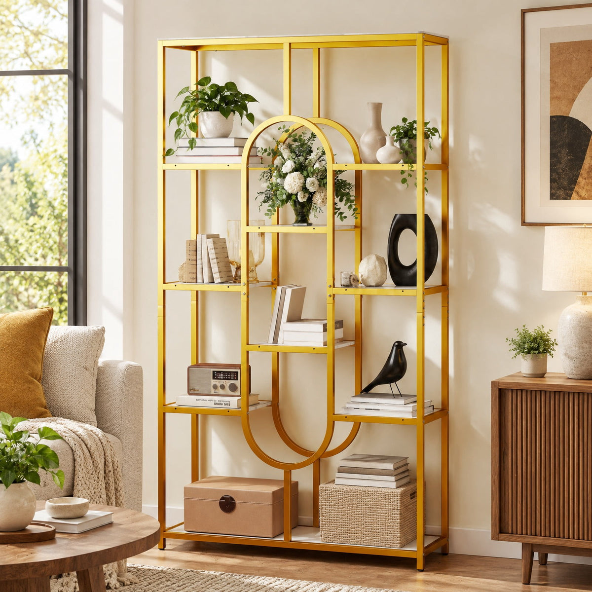 Airfind 5-Tier Tall Etagere Bookcase with Open Storage Shelves, 88 lbs Capacity, Metal Engineered Wood Frame, White