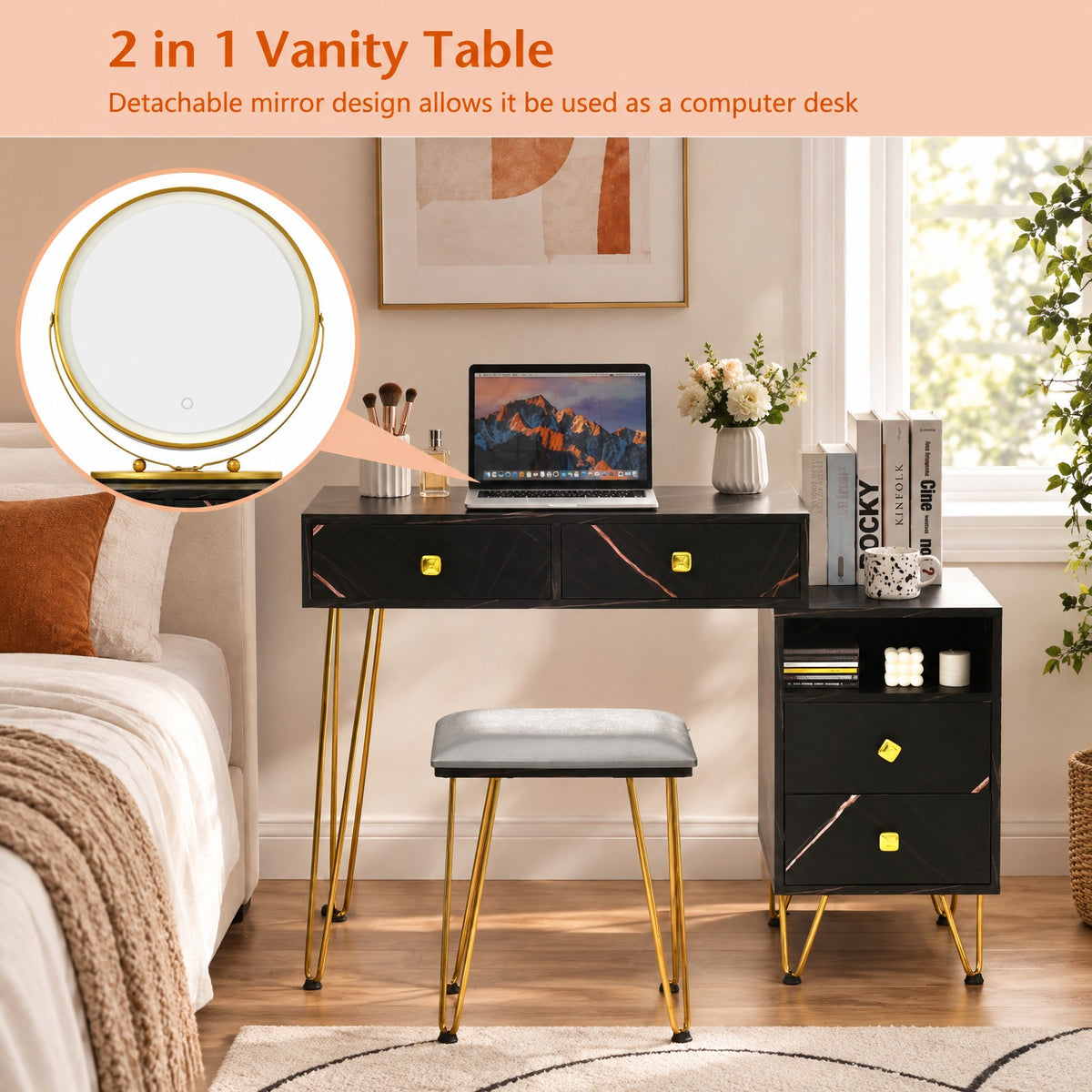 Airfind Modern Dressing Table with Storage Cabinet, 88 lbs Capacity, Steel plywood wood sponge glass Frame, 31.5in x 16in x 30in Footprint, Black