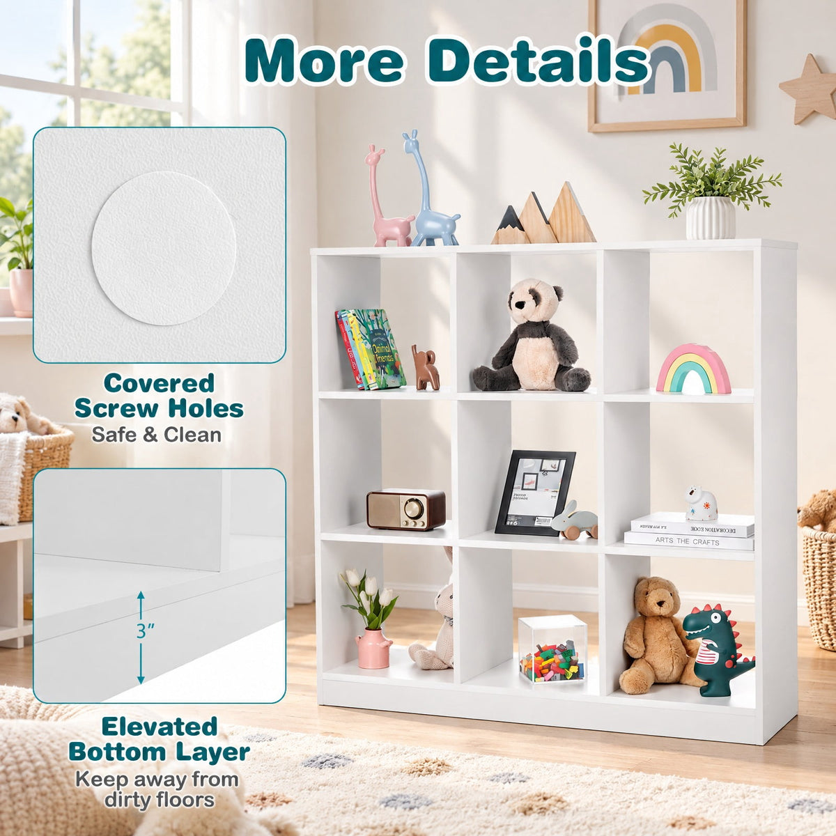 Airfind Modern 9-Cube Bookcase with 2 Anti-Tipping Kits for Books Toys Ornaments, 330 lbs Capacity, Engineered Wood Frame, White