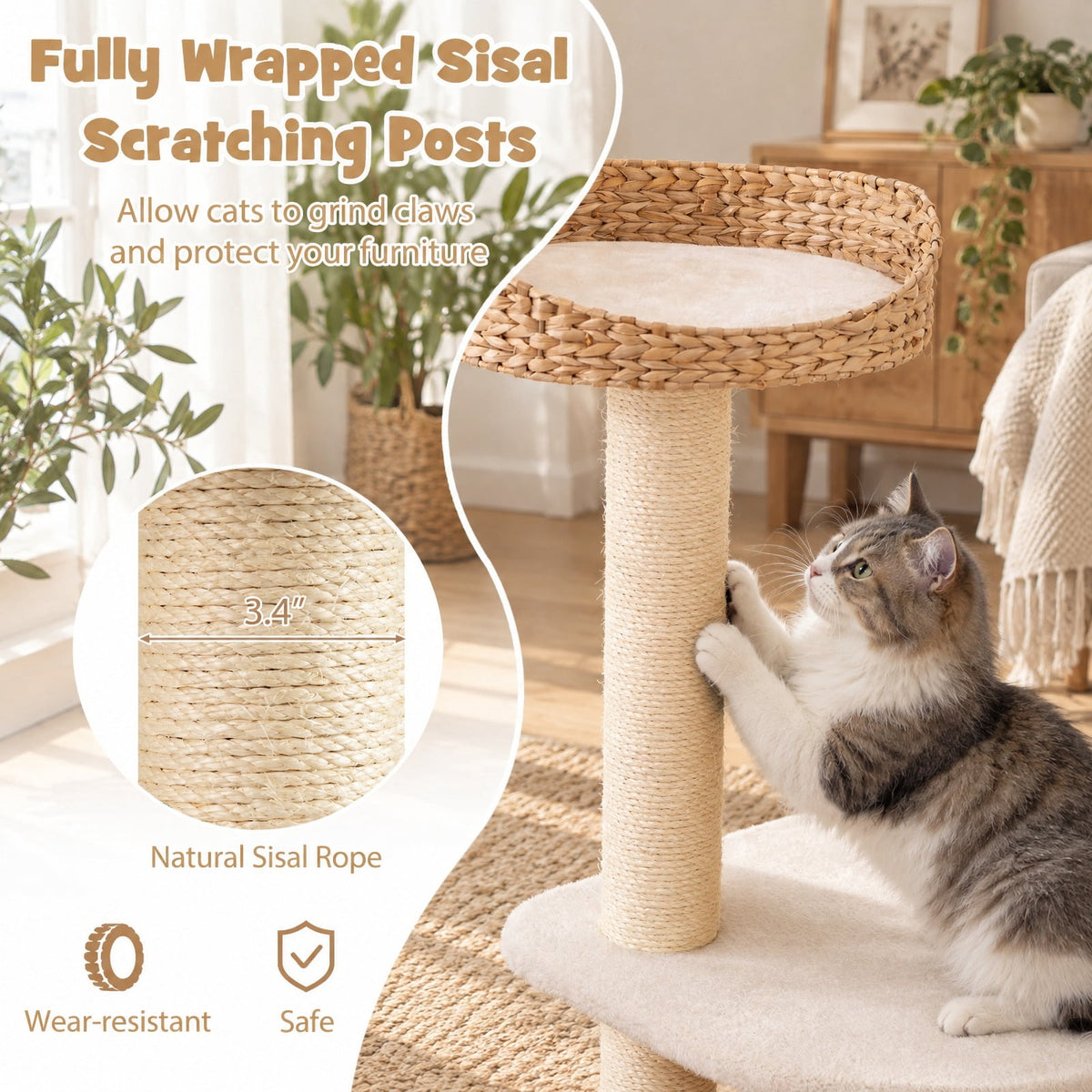 Airfind 41 Inch Rattan Cat Tree with Napping Perch, Water hyacinth straw sisal rope particle board Frame, White