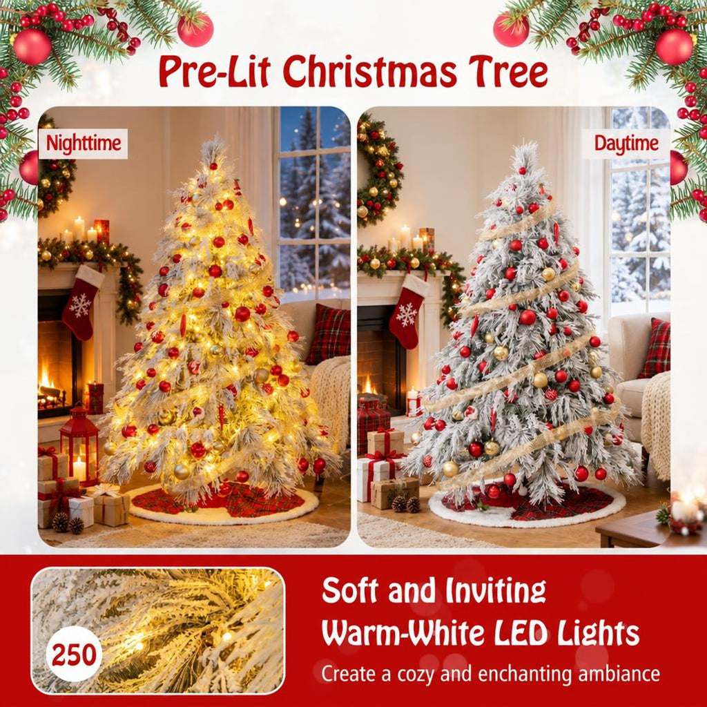Airfind 6 Feet Pre-Lit Snow Flocked Christmas Tree with Warm White LED Lights-6 ft, White, Diameter of Stand 20/18/16 Inch