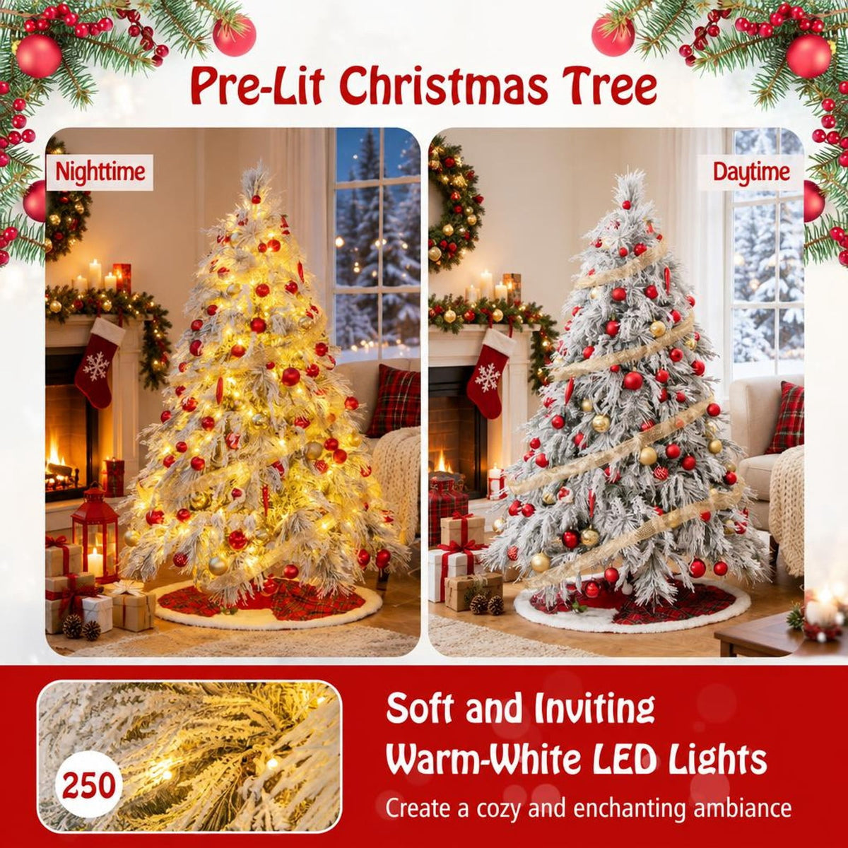 Airfind 6 Feet Pre-Lit Snow Flocked Christmas Tree with Warm White LED Lights-6 ft, White, Diameter of Stand 20/18/16 Inch
