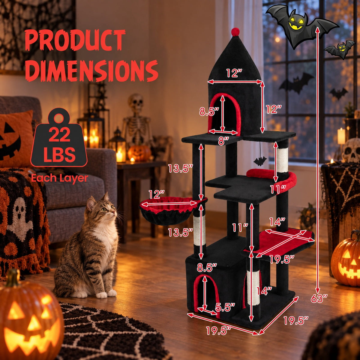Airfind 63 Inch Gothic Cat Tree with Condo and Top Cave for Large Cats 20+ LBS, 22 lbs Capacity, Black