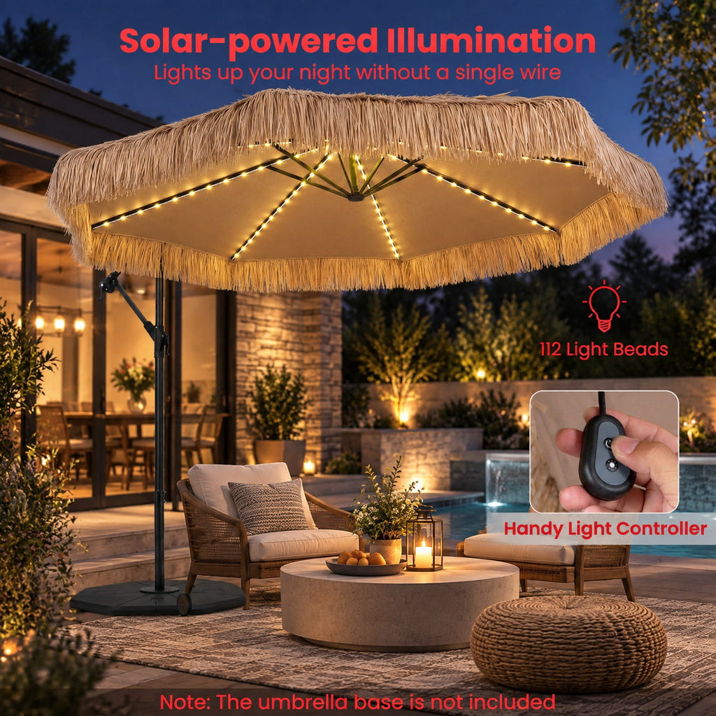 Airfind 10 FT Solar Thatched Cantilever Umbrella with 96 Multi-color Flowing Lights and 12 Modes, PE Thatch Polyester Fabric Metal ABS Frame, Brown