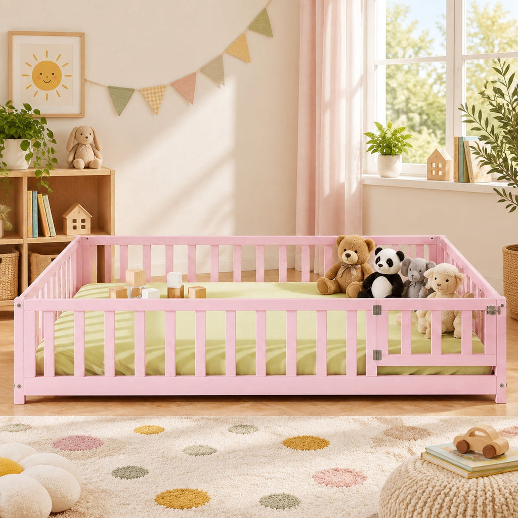 Airfind Montessori Bed Frame with Full-length Guardrails Safety Door and Latch, 330 lbs Capacity, Pine Wood Plywood Frame, Pink