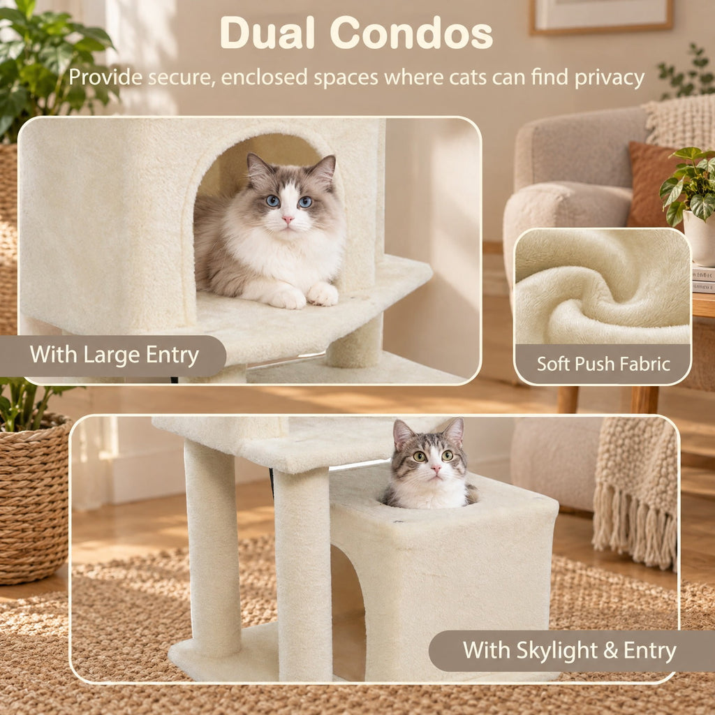Airfind 57 Inch Cat Tree with Dual Condos and Hammock and 2 Dangling Balls, 29 x 16 Footprint, Beige