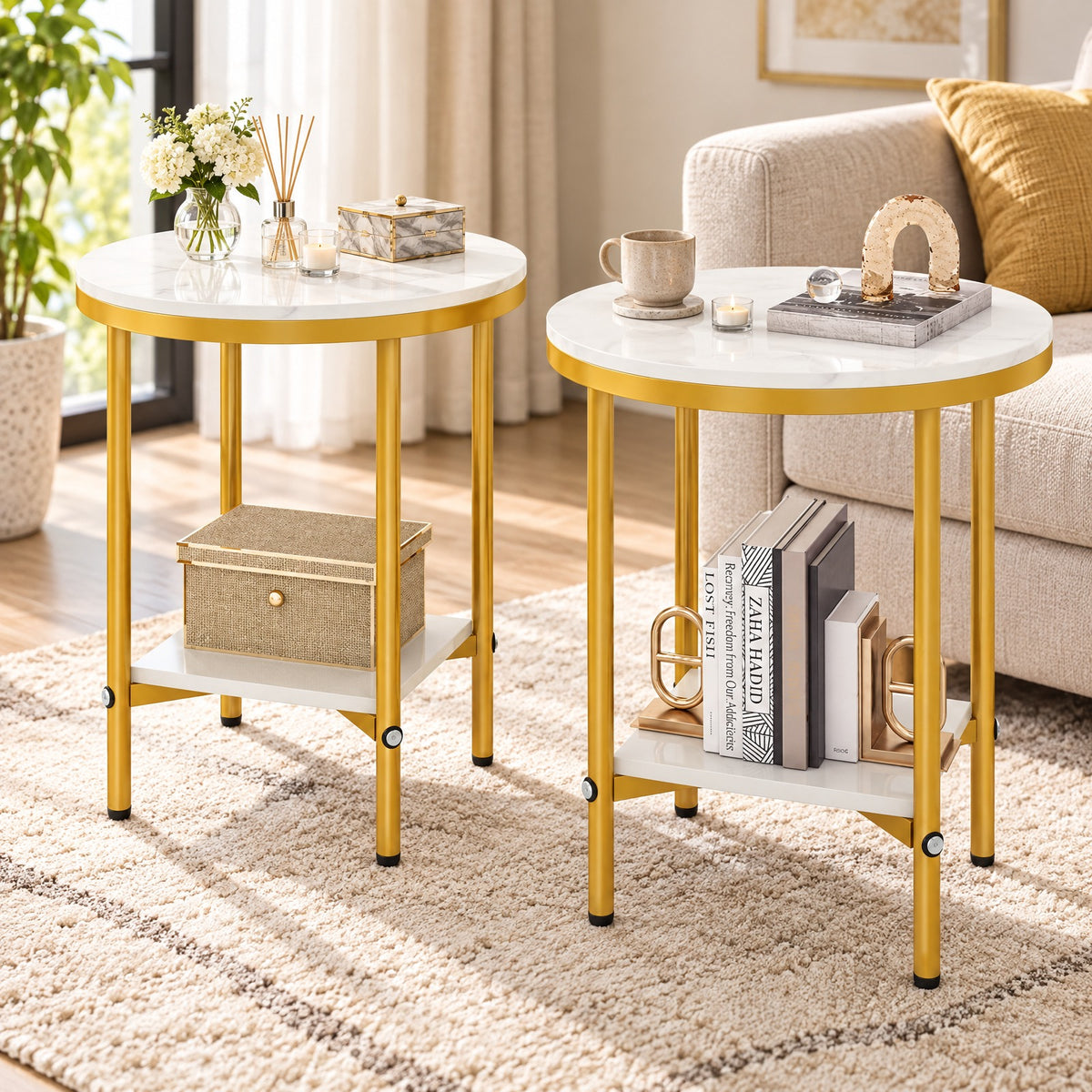 Airfind 2-Tier Round Coffee Table with Storage Shelf-1, 66 lbs Capacity, Engineered Wood Metal Frame, 16 x 16 x 20 Footprint, White
