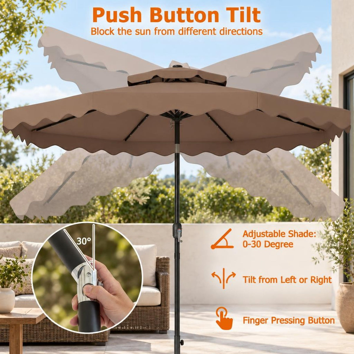 Airfind 9 FT Solar LED Patio Umbrella Push-Button Tilt and Crank 24 LED Lights and 8 Ribs, Polyester Fabric Metal Frame, 9 x 8.2 ft Footprint, Brown