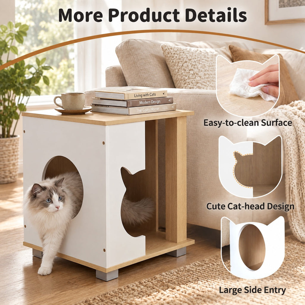 Airfind Wooden Semi-enclosed Cat Condo with Kitty Head-shaped Entry and Metal Legs, 44 lbs Capacity, Engineered Board Metal Frame, Natural