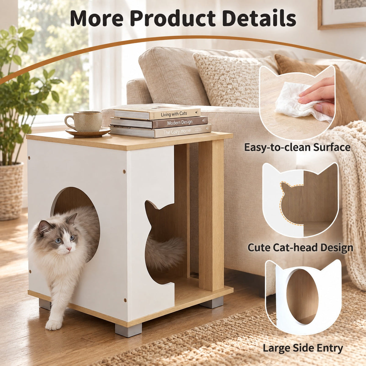 Airfind Wooden Semi-enclosed Cat Condo with Kitty Head-shaped Entry and Metal Legs, 44 lbs Capacity, Engineered Board Metal Frame, Natural