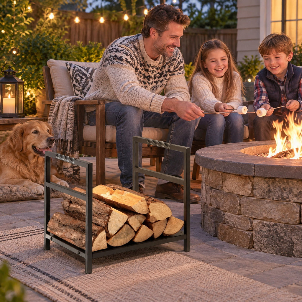 Airfind Firewood Log Rack with Unique Handle and Raised Feet, 110 lbs Capacity, Steel Frame, 16 x 13.5x 14 Footprint, Black
