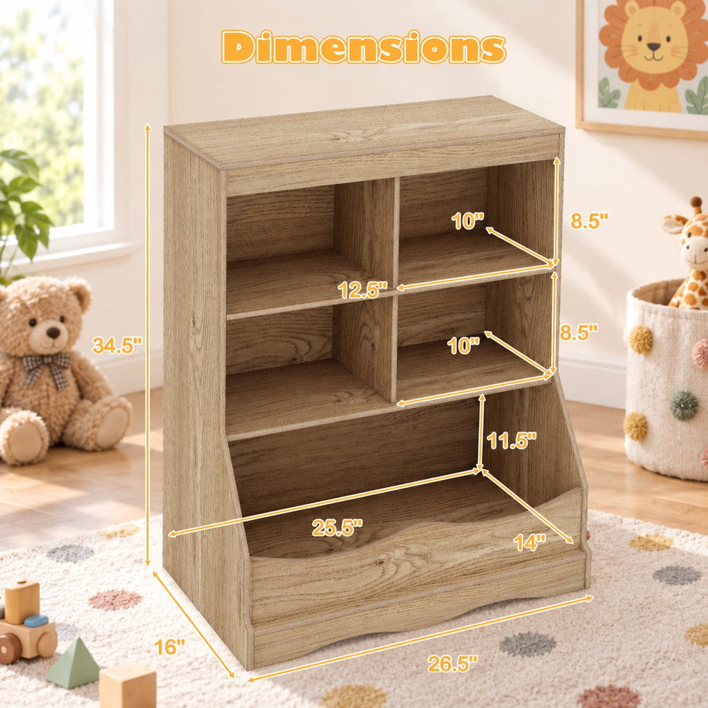 Airfind 3-Tier Youth Multi-Functional Bookcase Toy Storage Bin Floor Cabinet, 66 Lbs Capacity, MDF Engineered Wood, Natural