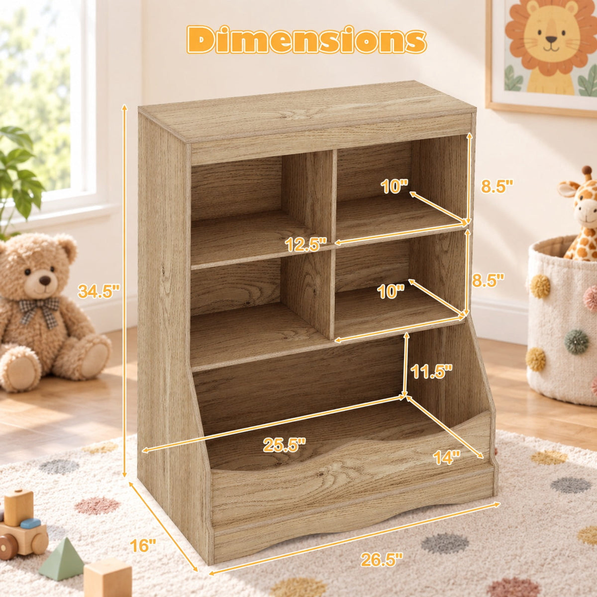Airfind 3-Tier Youth Multi-Functional Bookcase Toy Storage Bin Floor Cabinet, 66 Lbs Capacity, MDF Engineered Wood, Natural