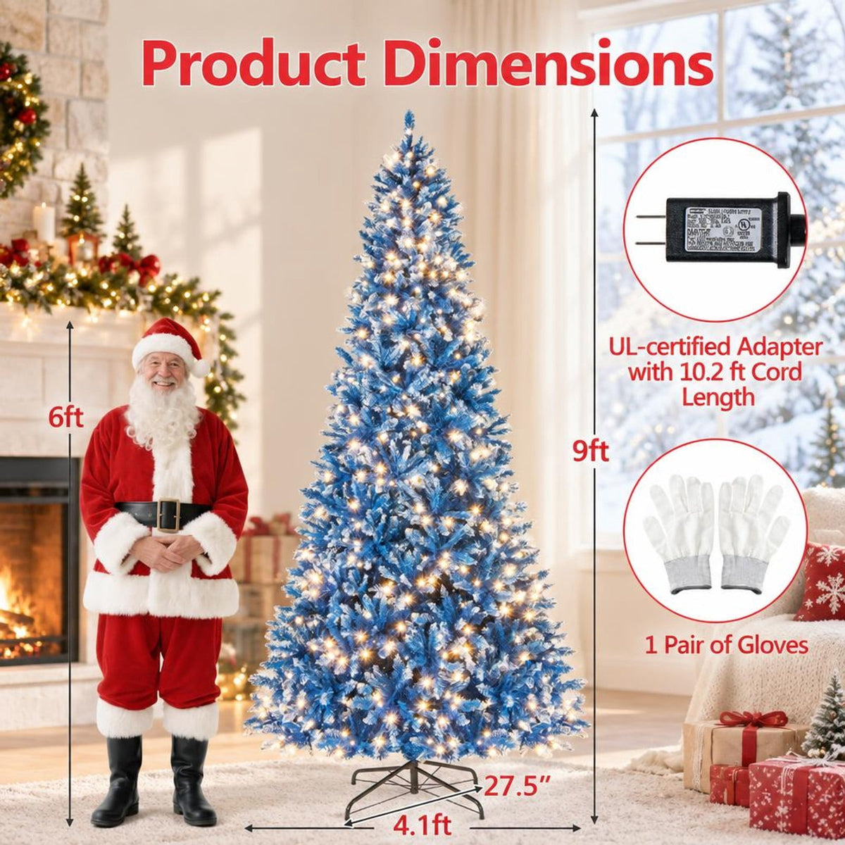 Airfind 6/7/8/9 FT Artificial Christmas Tree with 767 Snowy Branch Tips-9 FT, PVC Metal Frame, 3.1 x 6 ft Footprint, Blue