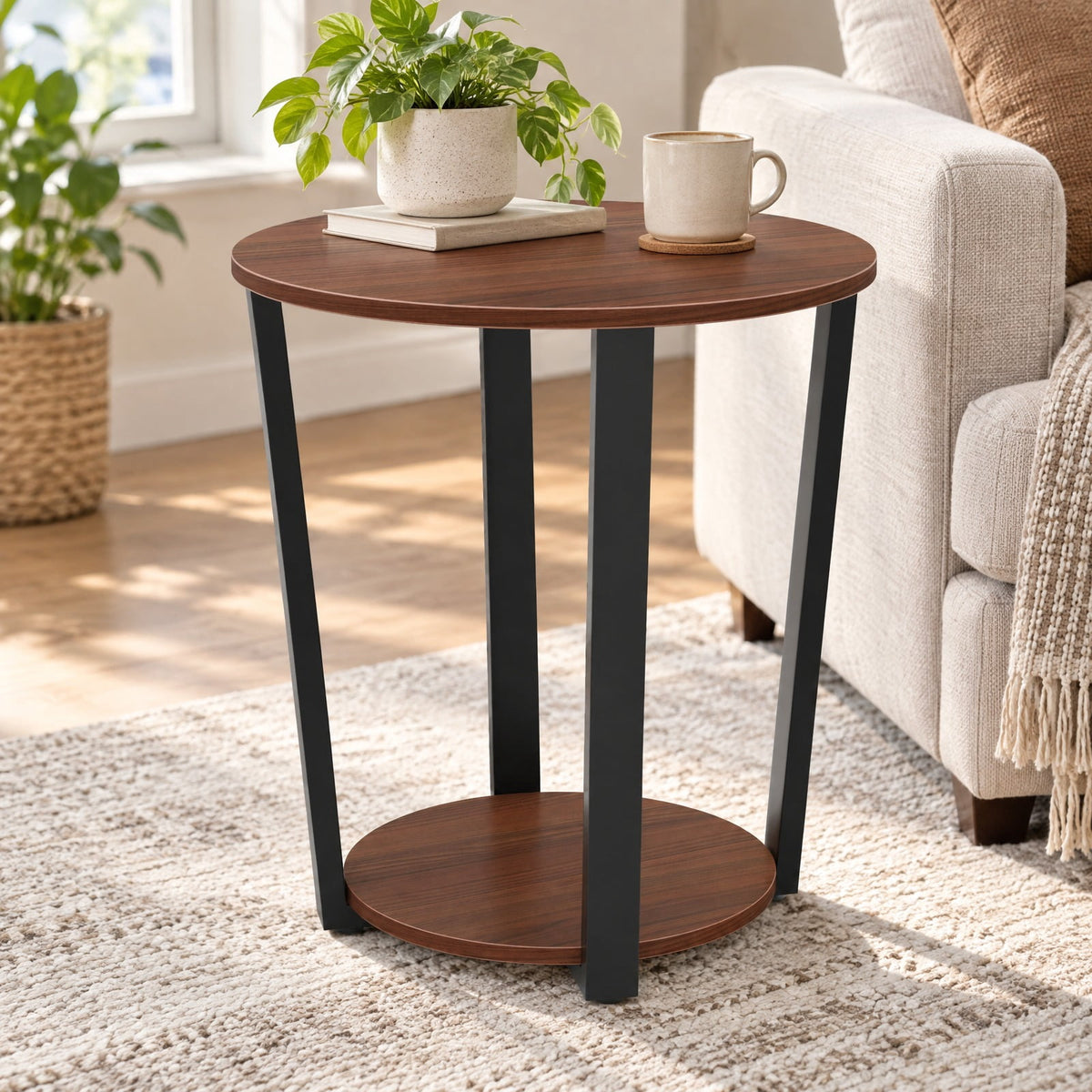 Airfind End Table, Round, with Open Shelf and Metal Frame, 66 lbs Capacity, Engineered Wood Metal Frame, 19.5 Inch x 19.5 Inch x 22.5 Inch Footprint, Walnut