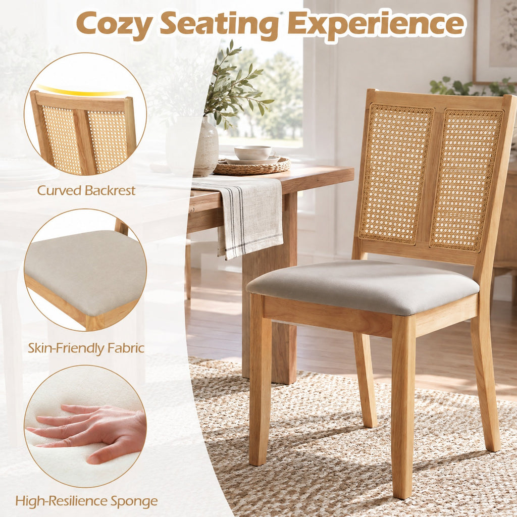 Airfind Rattan Dining Chairs Set of 2 with Curved Backrest and Padded Seat for Dining Room, 380 lbs Capacity, Rubber Wood Frame, Natural